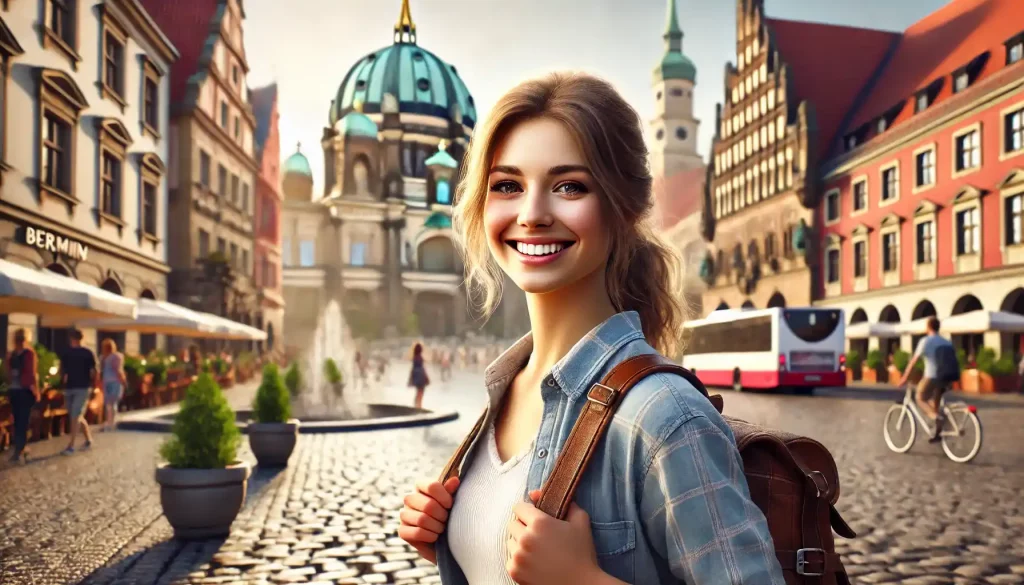 a smiling female tourist in Germany. She is dressed casually with a backpack, enjoying her trip.