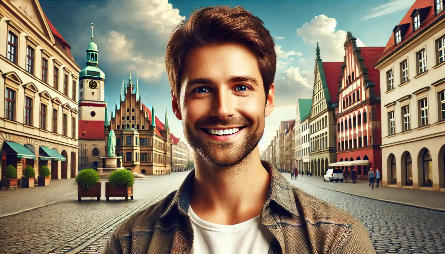 a smiling man standing in Germany. The background features German architecture, cobblestone streets and a clear sky.