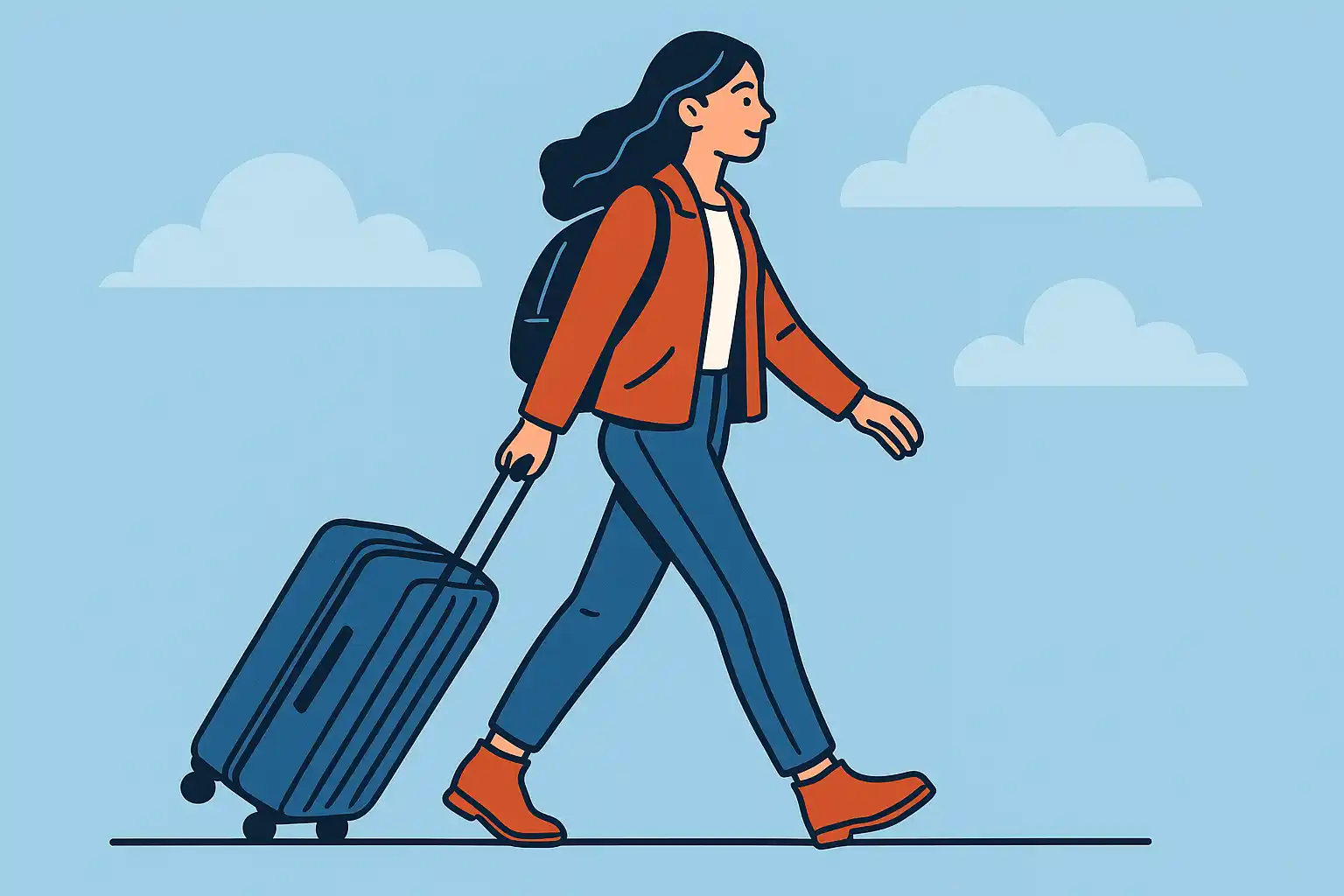 A woman walks with a backpack and with a bag with wheels, she is dressed comfortably.