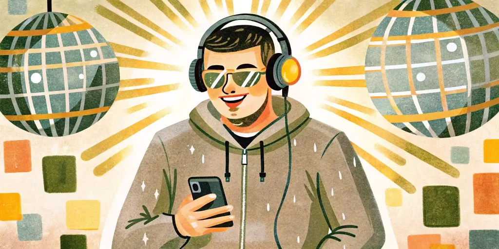 a guy in a hoodie, big headphones, glasses, holding a phone in his hands while he's in a club with a disco on top