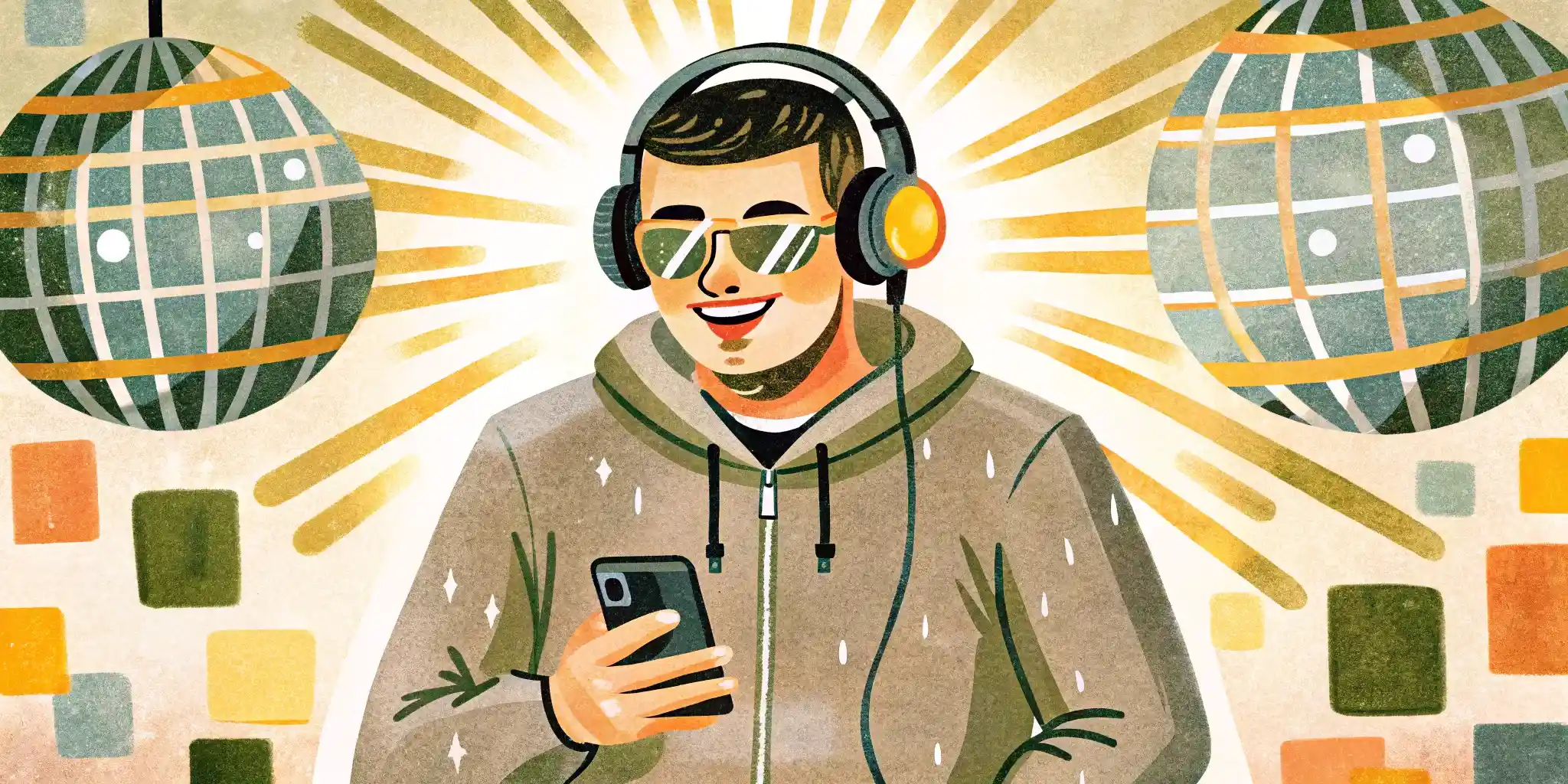 a guy in a hoodie, big headphones, glasses, holding a phone in his hands while he's in a club with a disco on top