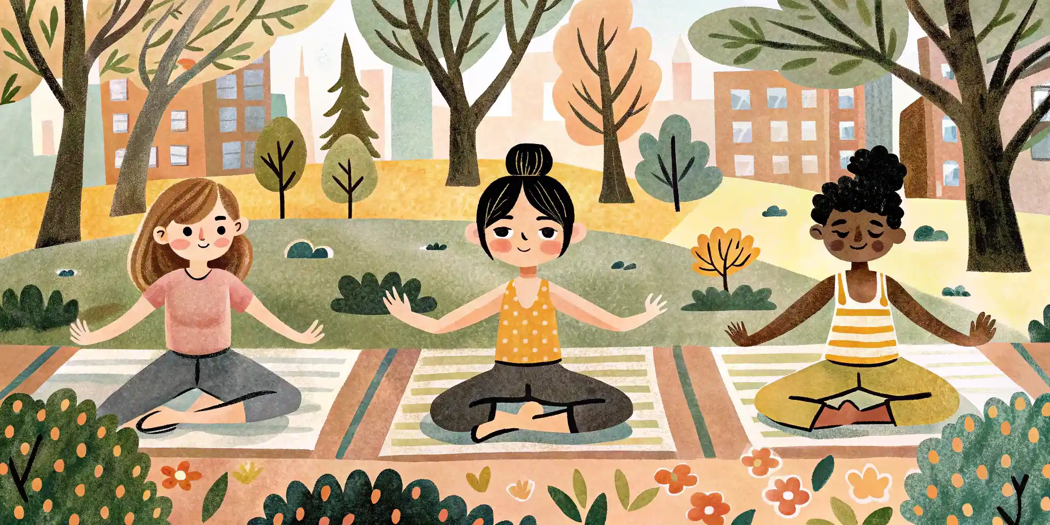 three girls doing yoga in the park