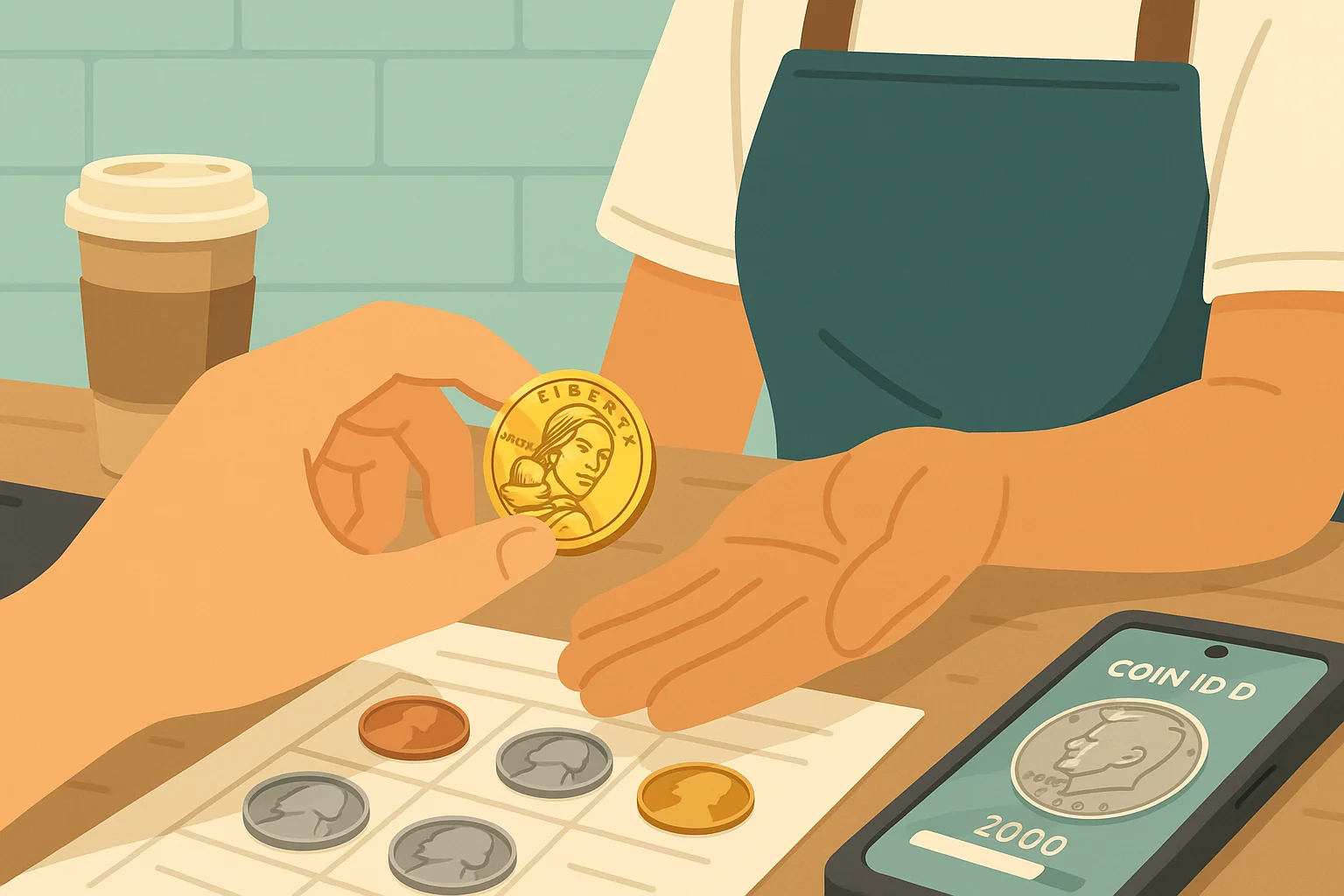 A barista receives a Sacagawea dollar coin in her hand.