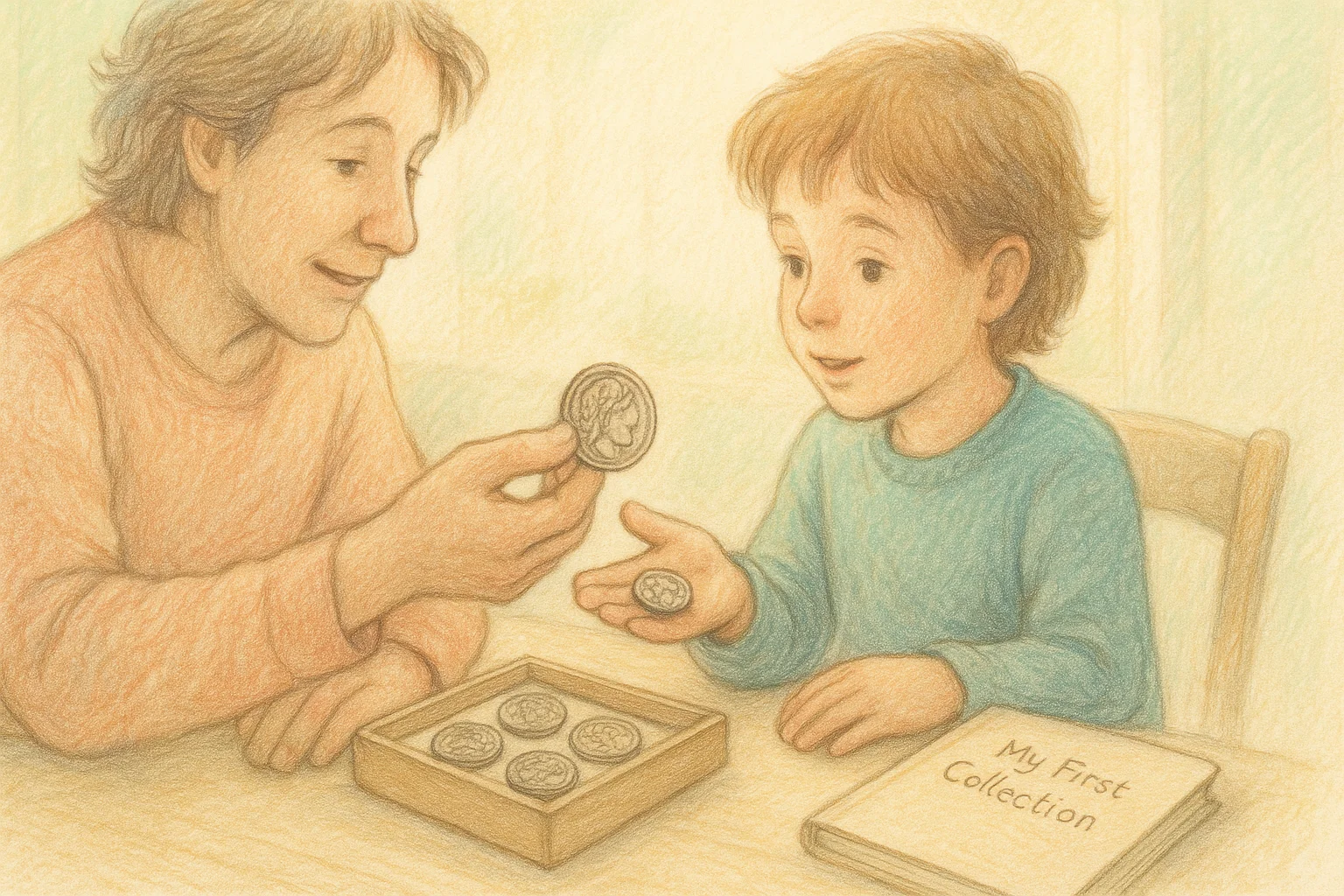 A grandfather gives his grandson a replica of an antique coin as a gift.