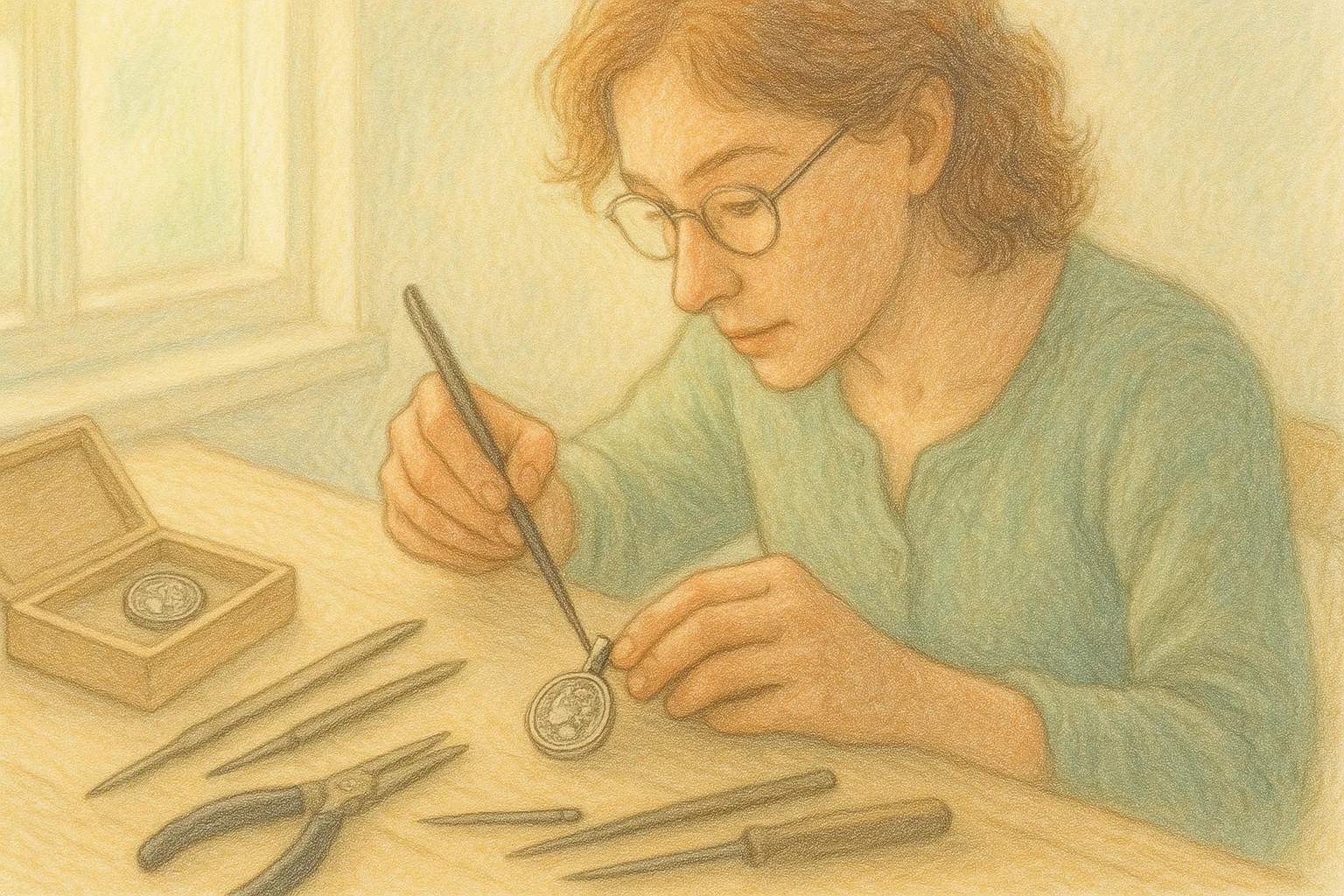 A jeweller puts a replica of an antique coin onto a necklace.